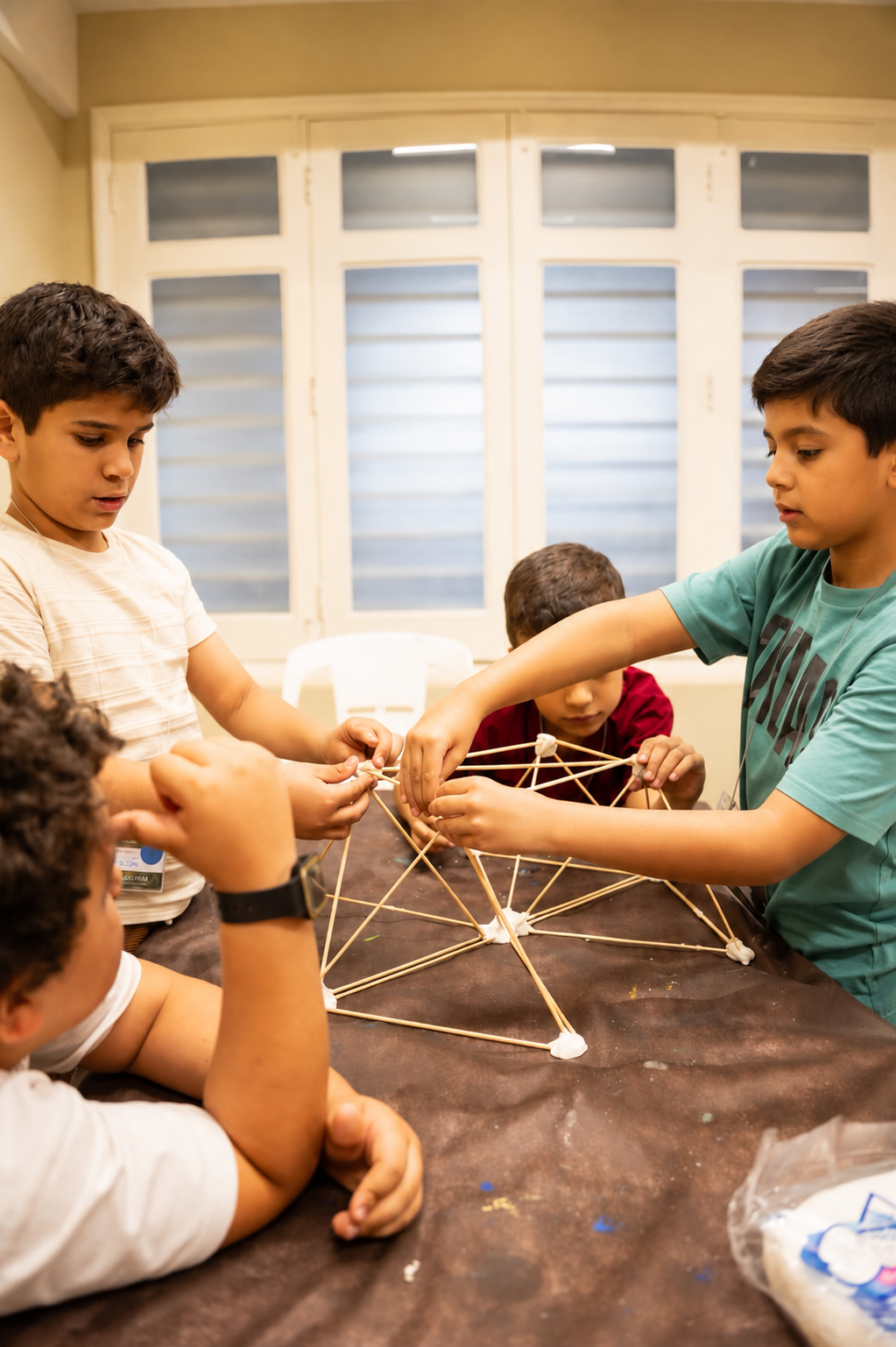 Meninos constroem uma estrutura geométrica com varetas e massa de modelar