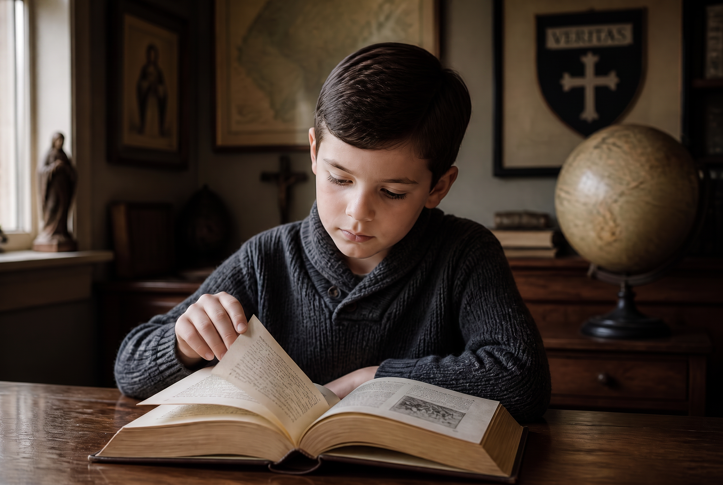 Criança folheando um grande livro em sala de aula
